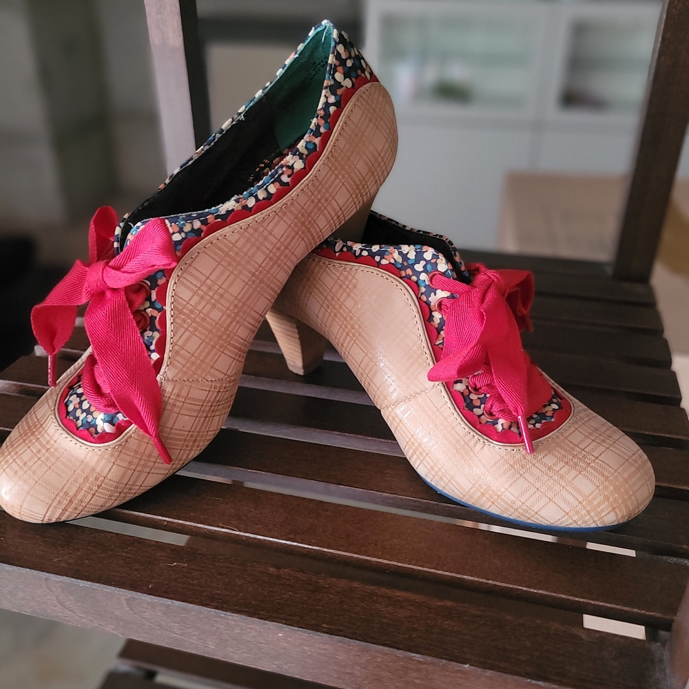 Poetic License Beige Heels with Red Ribbon